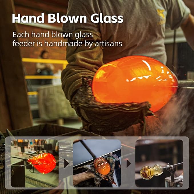 REZIPO Hummingbird Feeder with Perch - Hand Blown Glass - 38 Fluid Ounces Hummingbird Nectar Capacity Include Hanging Wires and Moat Hook (Yellow)