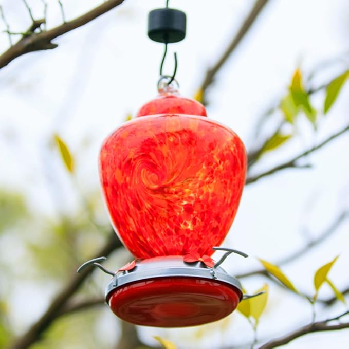 REZIPO Hummingbird Feeder with Perch - Hand Blown Glass - Red - 38 Fluid Ounces Hummingbird Nectar Capacity Include Hanging Wires and Moat Hook