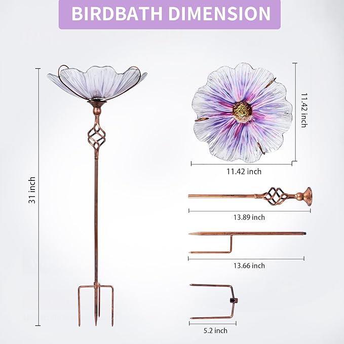 MUMTOP 31 Inch Height Glass Birdbath Birdfeeder with Metal Stake Garden Yard Outdoor Purple