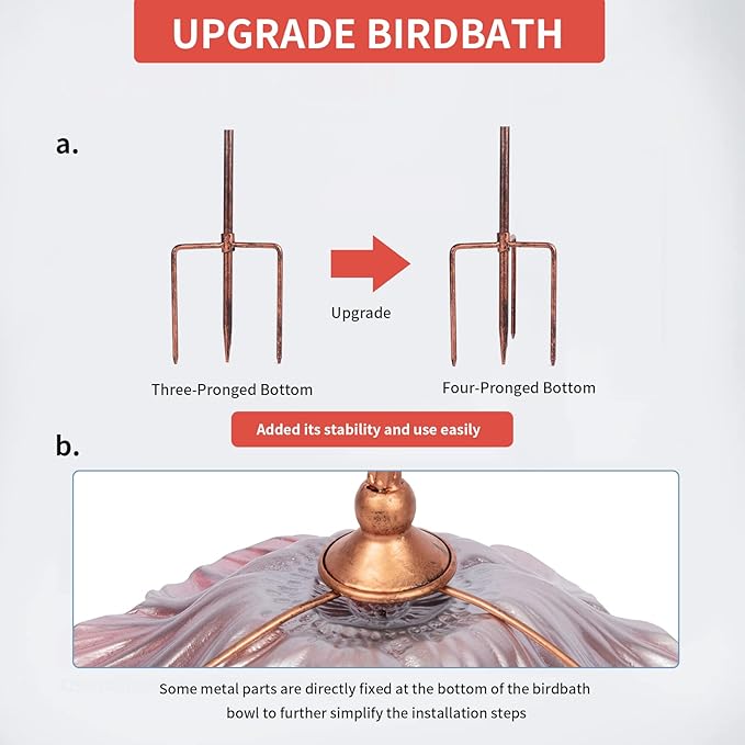 MUMTOP 31 Inch Height Glass Birdbath Birdfeeder with Metal Stake Garden Yard Outdoor Red