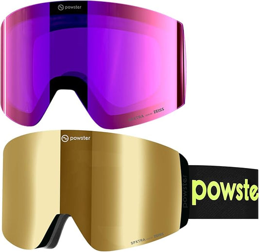 Powster Ski Goggles Snow OTG Snowboard Goggles Magnetic Interchangeable Lens Frameless UV Protection Anti-fog mobile Skating