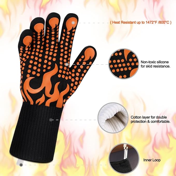 Comsmart BBQ Gloves, 1472°F Heat Resistant Grilling Gloves Silicone Non-Slip Oven Gloves Long Kitchen Gloves for Barbecue, Cooking, Baking, Short, Orange