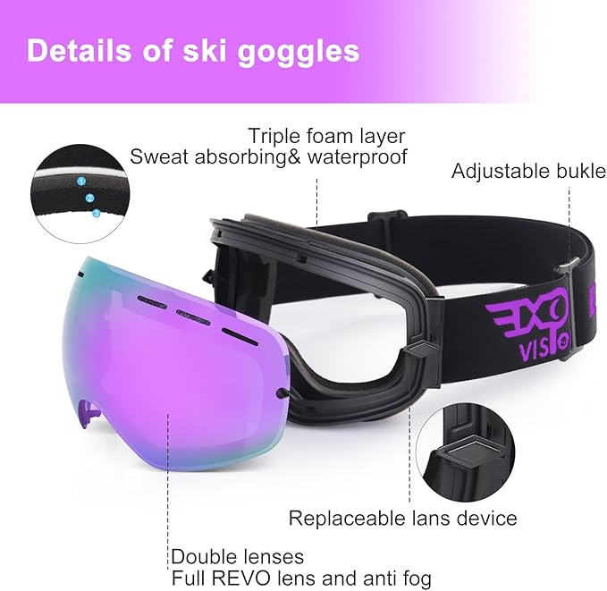 EXP VISION Snowboard Ski Goggles Men Women Youth, Anti Fog OTG Winter Snow Goggles Spherical Detachable Lens