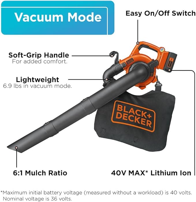 BLACK+DECKER Leaf Blower Cordless Leaf Vacuum and Mulcher Combo Kit, Battery and Charger Included, 40V 120 mph Air Speed, 6-Speed Dial, Built-in Scraper with Collection Bag (LSWV36)