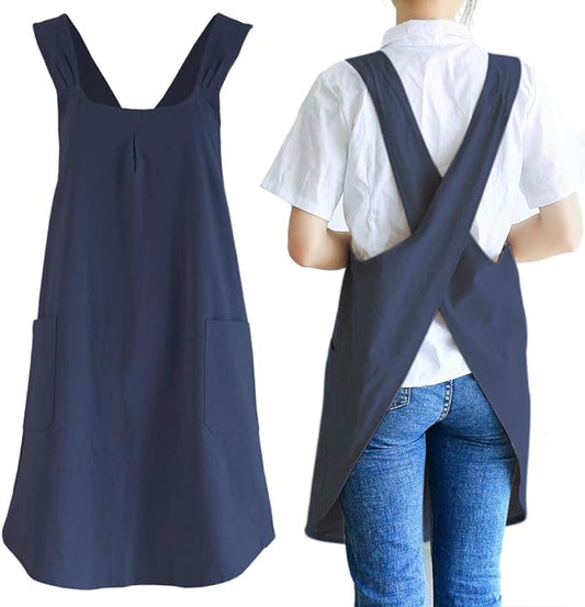 Japanese Style Linen Cotton Cross Back Pinafore Apron with Pockets for Women Ladies Men Chef Kitchen Cooking Baking