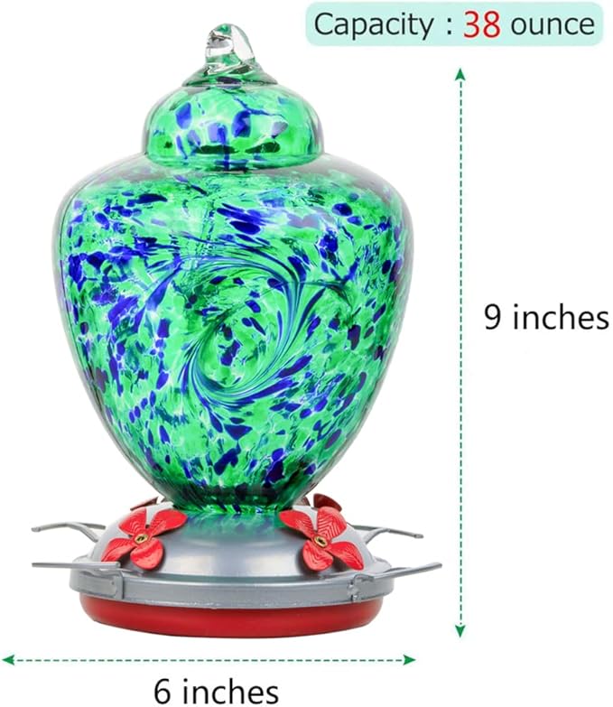 REZIPO Hummingbird Feeder with Perch - Hand Blown Glass - Green(Firework) - 38 Fluid Ounces Hummingbird Nectar Capacity Include Hanging Wires and Moat Hook, blue/Green