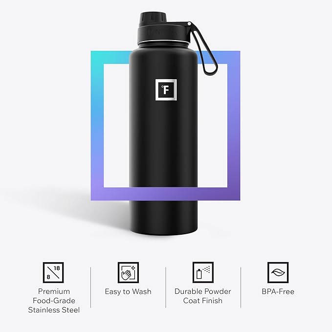 IRON °FLASK Camping & Hiking Hydration Flask with Spout, Wide Mouth Insulated Stainless Steel Sports Water Bottle - 40 oz Midnight Black
