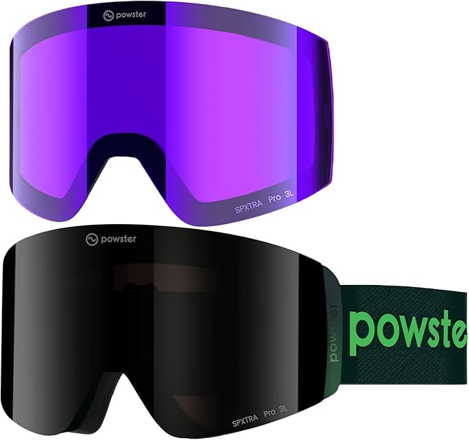 Powster Ski Goggles Snow OTG Snowboard Goggles Magnetic Interchangeable Lens Frameless UV Protection Anti-fog mobile Skating