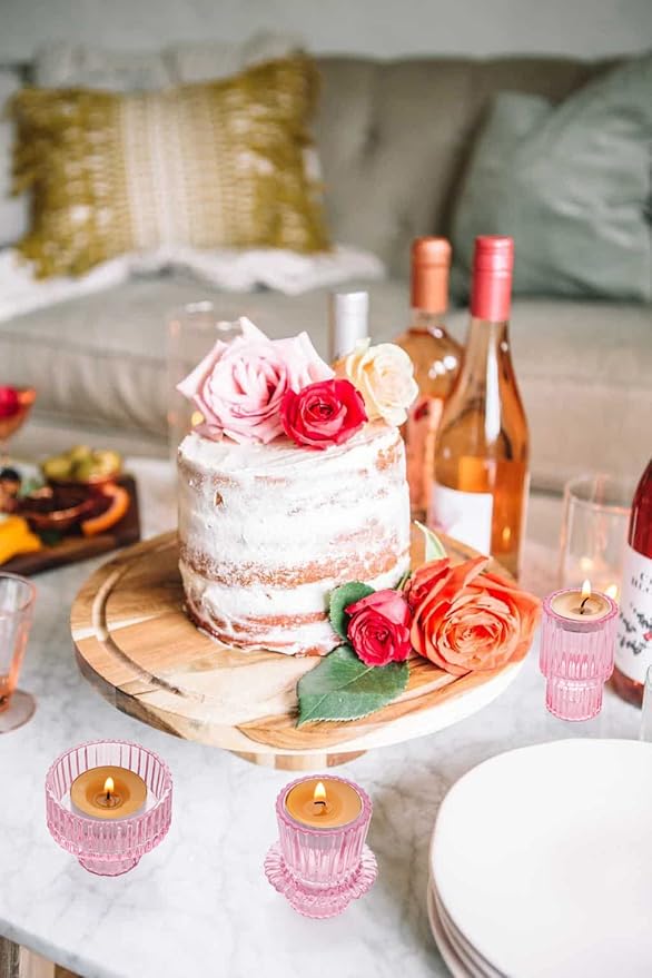 Vixdonos Taper Glass Candlestick Holders Tealight Candle Holders for Table Centerpieces, Wedding Decor and Dinner Party (6 Pcs, Pink)