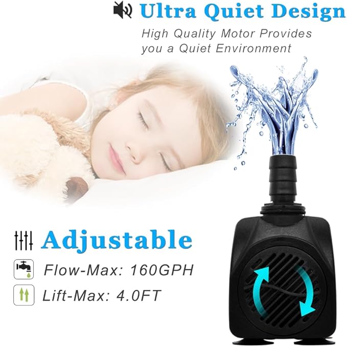 PULACO 160GPH Small Fountain Pump, Ultra Quiet Submersible Water Pump (600L/H, 10Watt) with 3.3 ft Tubing for Aquariums, Pond Fountain, Water Feature, Indoor Fountains