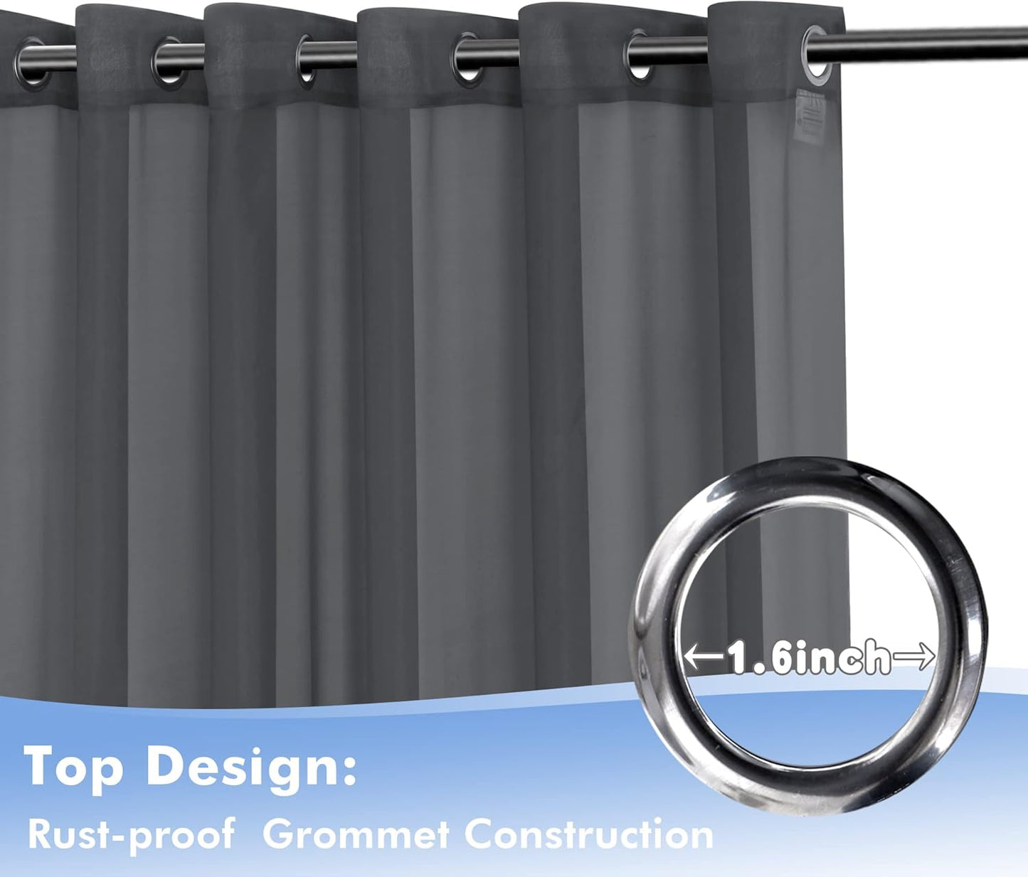 HolidayIdeas Outdoor Sheer Curtains for Patio Waterproof, 4 Panels - 54 x 108 Inch - Grey Light Filtering Voile Outside Curtains Grommet Drapes for Front Porch, Gazebo, Pergola, Backyard