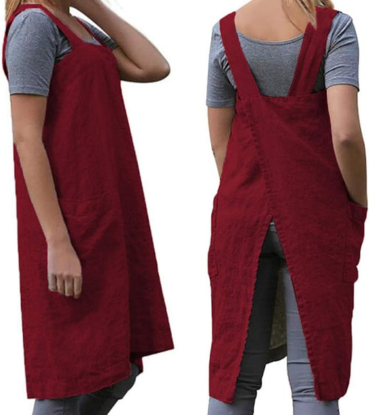 WROLEM Women's Practical Cross Back Pinafore Apron with Large Pockets Home Kitchen,Restaurant,Coffee House,Cooking,Gardening