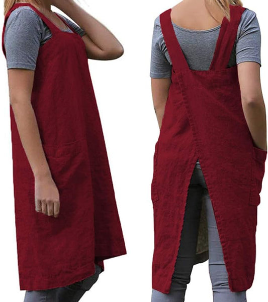 WROLEM Women's Practical Cross Back Pinafore Apron with Large Pockets Home Kitchen,Restaurant,Coffee House,Cooking,Gardening
