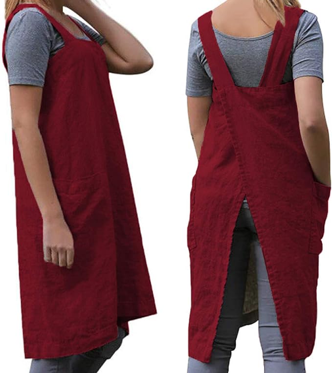 WROLEM Women's Practical Cross Back Pinafore Apron with Large Pockets Home Kitchen,Restaurant,Coffee House,Cooking,Gardening