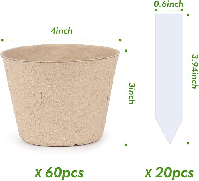 homenote Peat Pots, 60 Pcs 4 Inch Seed Starting Pots with Drainage Holes Round Nursery Plants Pots with Bonus 20 Plant Labels