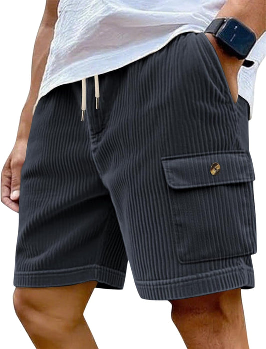 Mens Cargo Shorts Casual Drawstring Elastic Waist Corduroy Summer Beach Shorts with Pockets