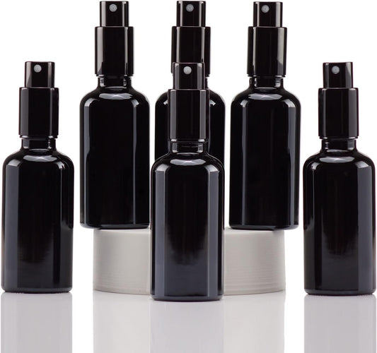 YIZHAO Black Glass Spray Bottles 2oz, with Small Fine Mist Spray, Metal Cap, Refillable for Essential Oil,Travel,Cleaning,Perfume,Aromatherapy,Makeup – 6 Pcs