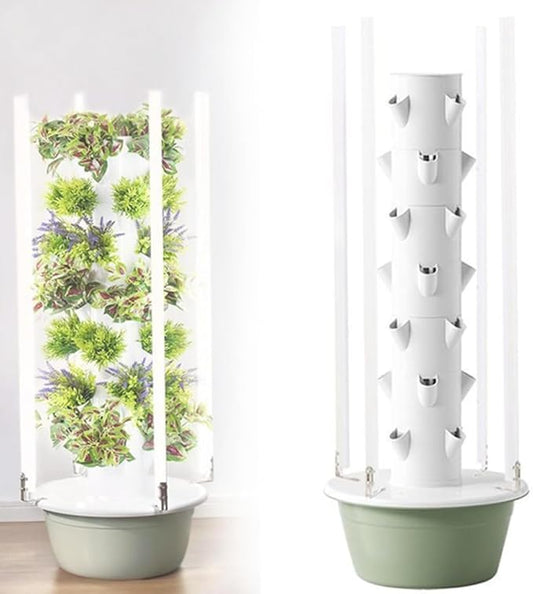 Hydroponic Tower Indoor/Outdoor Smart Garden for Herbs, Fruits, and Vegetables, 5/7/9 Layers, Vertical Aeroponic Growing Kit with Smart Timer, Silent Water Pump, Space-Saving,28holes