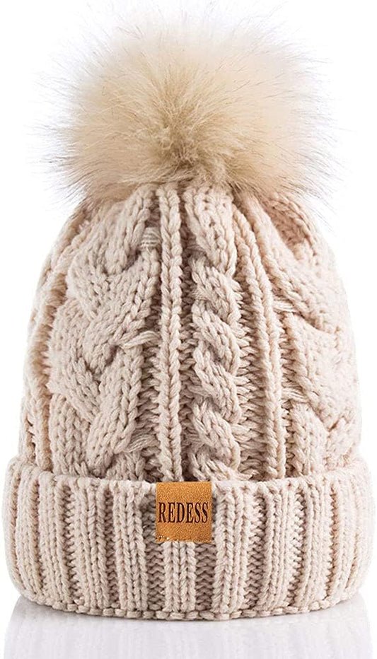 REDESS Women Winter Pompom Beanie Hat with Warm Fleece Lined, Thick Slouchy Snow Knit Skull Ski Cap