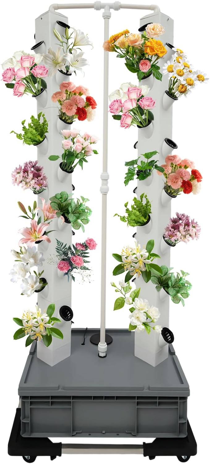 Hydroponics Growing System Kit 2 Tower 56 Pods Vertical Garden Tower Garden Growing System with Timer, Wheels, Indoor Hydroponic Planter for Vegetable, Fruit, Flower (Gray, 56 Pods)