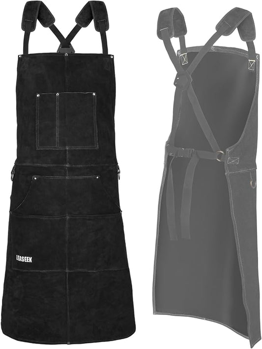 LeaSeek Leather Welding Apron - Flame and Heat Resistant Bib Apron with 6 Pockets