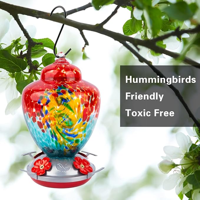 REZIPO Hummingbird Feeder with Perch - Hand Blown Glass - 38 Fluid Ounces Hummingbird Nectar Capacity Include Hanging Wires and Moat Hook (Half Red)