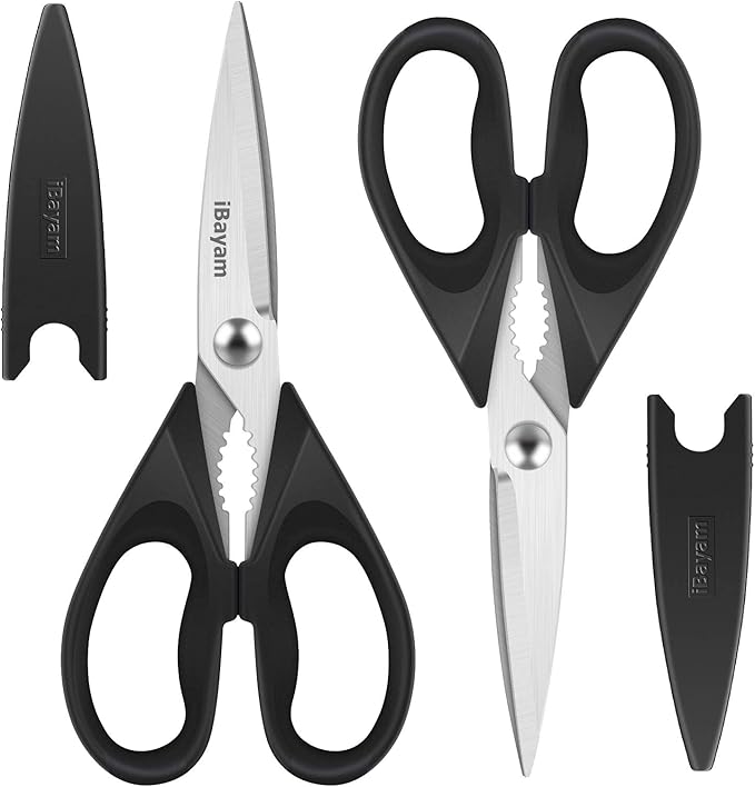 iBayam Black Kitchen Scissors - Heavy Duty Meat & Poultry Shears, Dishwasher Safe Stainless Steel Utility Scissors, 2-Pack Black Kitchen Utensils Set for New Home Essentials