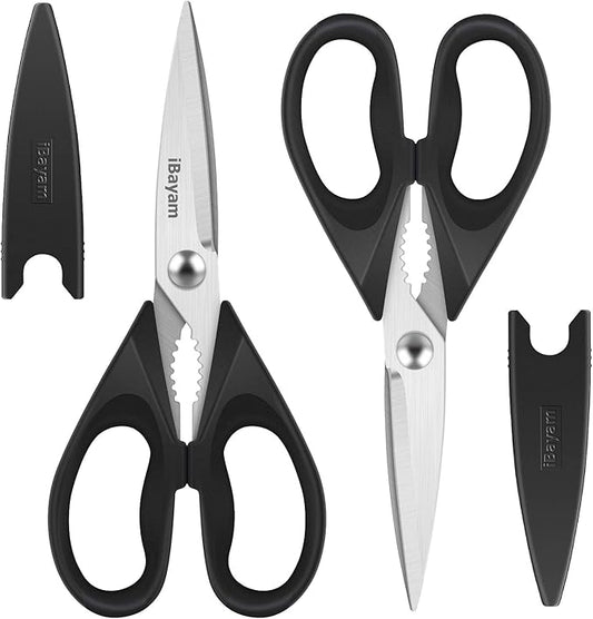 iBayam Black Kitchen Scissors - Heavy Duty Meat & Poultry Shears, Dishwasher Safe Stainless Steel Utility Scissors, 2-Pack Black Kitchen Utensils Set for New Home Essentials