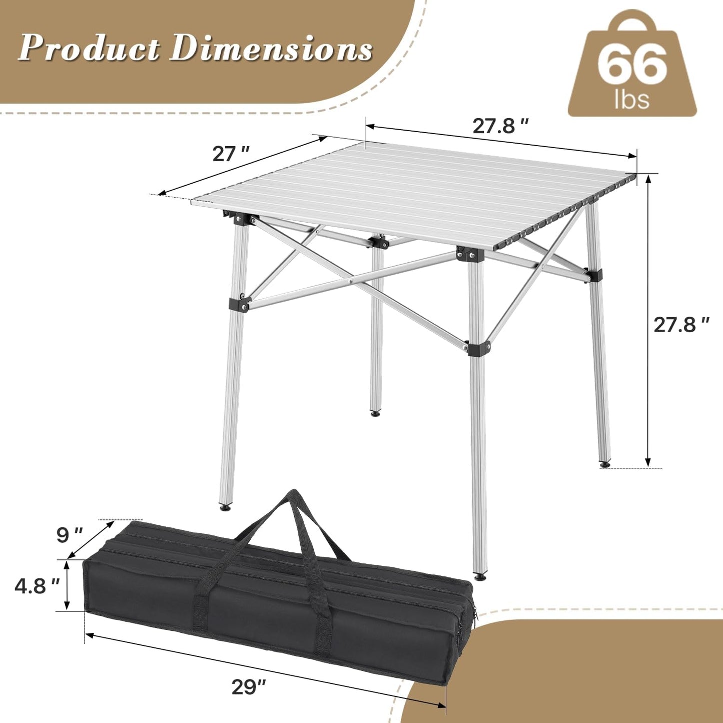 Athena Collection Foldable Camping Table, 28" Small Aluminum Outdoor Folding Camp Table with Roll Up Tabletop and Carry Bag, Lightweight and Portable for Outdoor Camping Picnic Grilling, Silver
