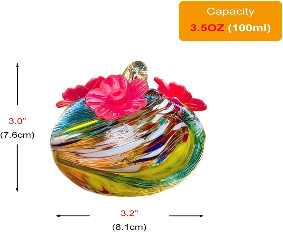 Small Glass Hummingbird Feeders for Outdoors Hanging - Hand Blown Glass Ball Nectar Feeding, Multi Color with 3 Flowers Feeding Ports, Decor for Garden/Backyard Outside