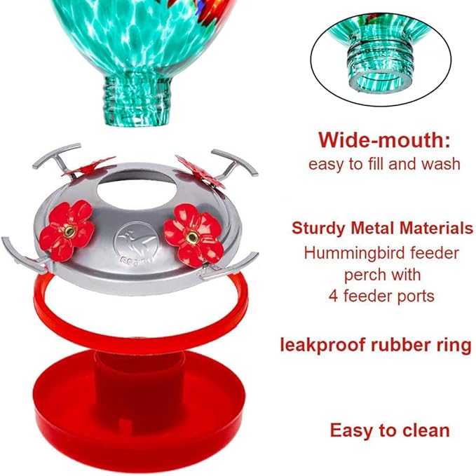 REZIPO Hummingbird Feeder with Perch - Hand Blown Glass - 38 Fluid Ounces Hummingbird Nectar Capacity Include Hanging Wires and Moat Hook (Red-Green)