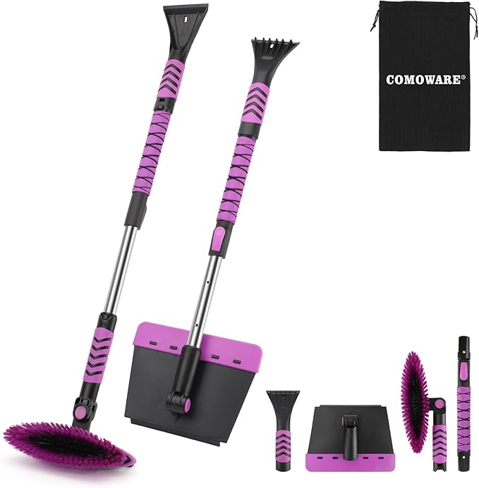COMOWARE Snow Brush, Extendable Ice Scrapers for Car Windshield with 270° Pivoting Head, Lightweight Aluminum Body Snow Removal Tool with Ergonomic Foam Grip, Snow Scraper for Car Truck SUV