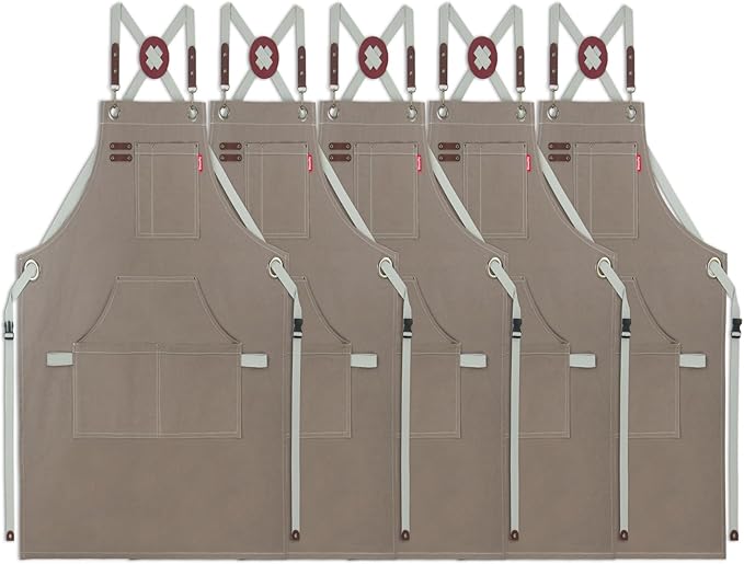 5 Pack Kitchen Apron, Work Apron, Canvas, Multiple Pockets, Gardening, Painting, BBQ, Artist, Carpenter, Sizes M to XXL, Dark Gray