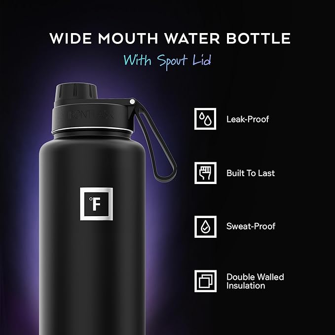 IRON °FLASK Camping & Hiking Hydration Flask with Spout, Wide Mouth Insulated Stainless Steel Sports Water Bottle - 40 oz Midnight Black
