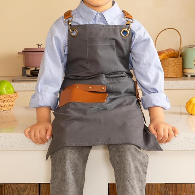 NEOVIVA Heavy Duty Work Apron for Kid Boys with Pockets and Adjustable Cross-back Straps