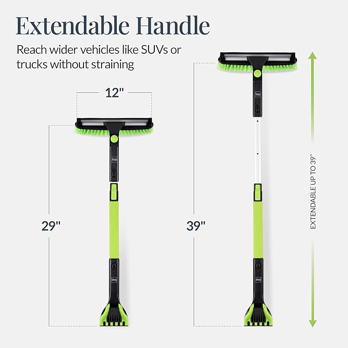 Best Choice Products Snow Brush with Squeegee & Ice Scraper, Up to 39" Extendable Foam Grip, 270° Pivoting Snow Brush for Car Truck SUV, Storage Bag Included - Lime