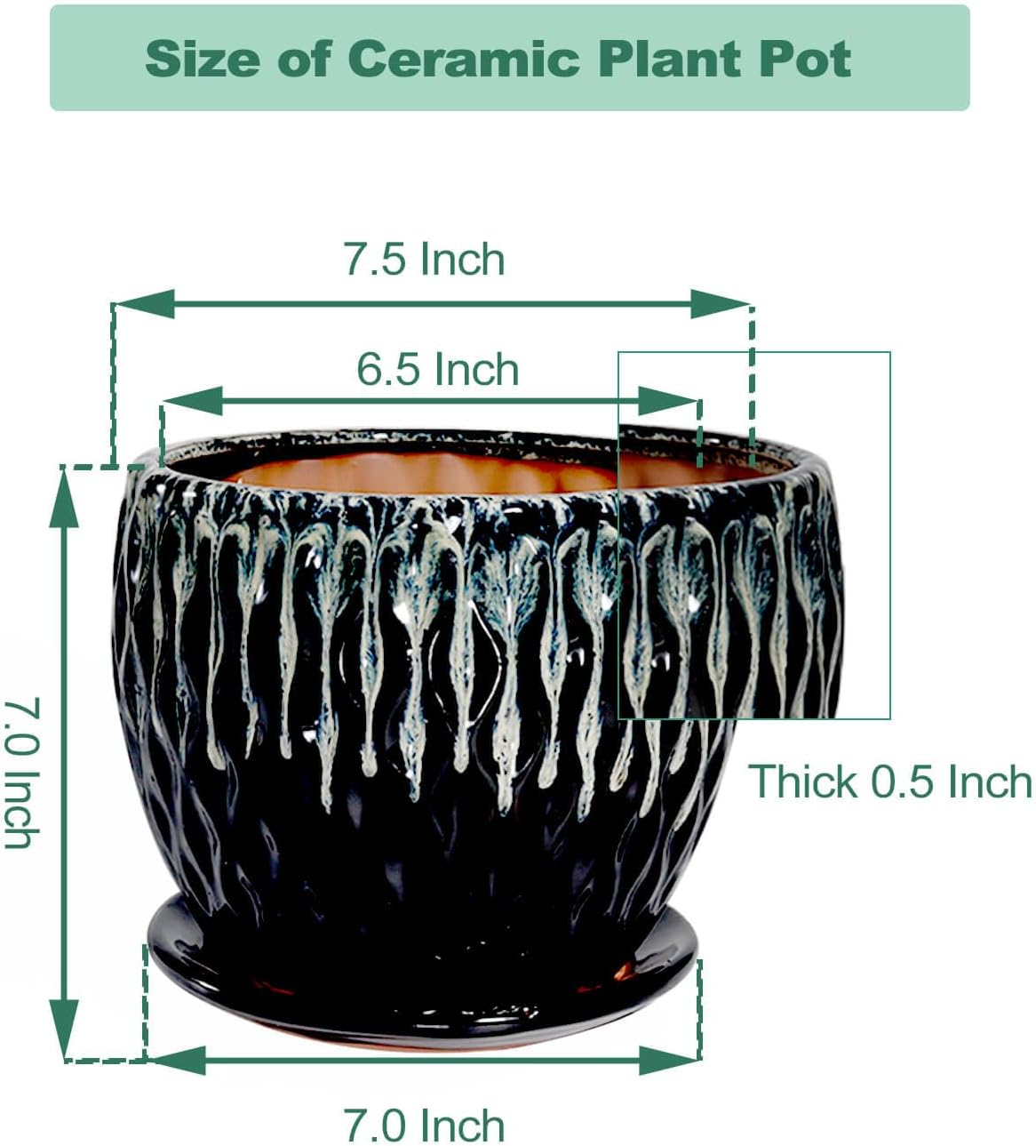 vensovo 7.5 Inch Ceramic Plant Pot with Drainage Holes and Saucer - Large Round Orchid Pot for Indoor Repotting, Ceramic Planter Maintain air Circulation, Black