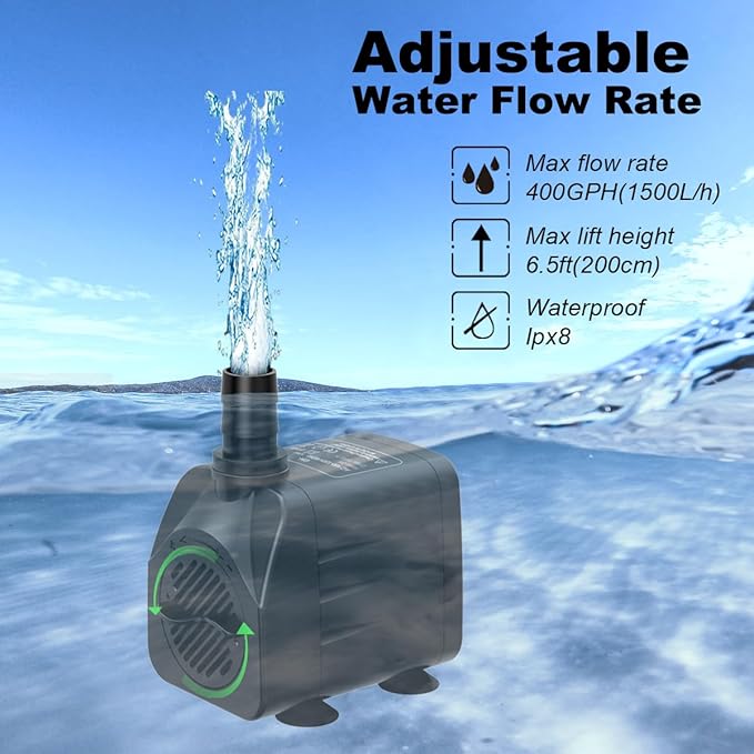 Fountain Pump 400GPH Submersible Water Pump Ultra Quiet for Fountain, Pond, Aquarium, Hydroponic with 6ft power cord