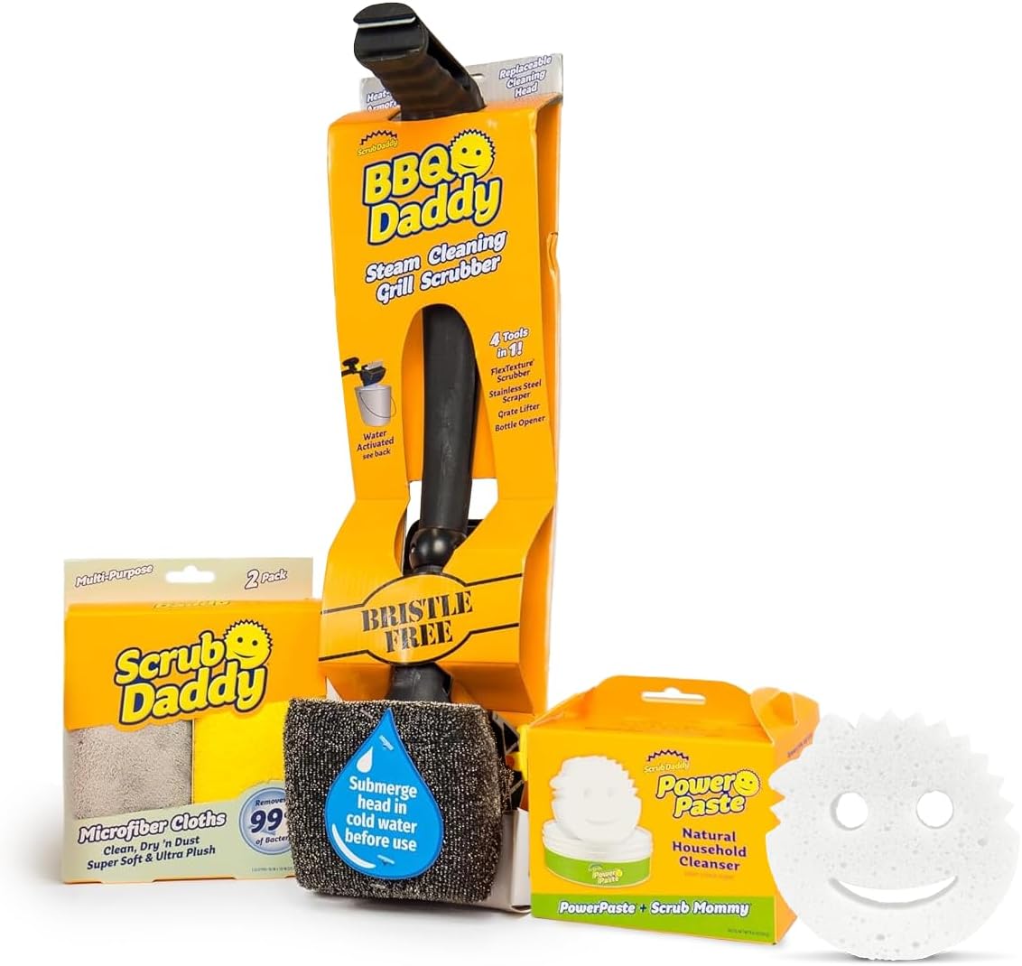 Scrub Daddy Household Cleaning Supplies - The Microfiber BBQ Bundle - Includes 2 Microfiber Towels, 1 Grill Brush & PowerPaste Cleaning Paste with 1 Scrub Mommy Sponge