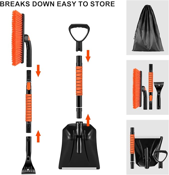 Odoland Ice Scraper with Snow Brush and Snow Shovel, 35" Extendable Snow Remover with Foam Grip, 360° Pivoting Brush Head for Car Windshield, Emergency Snow Scraper for SUV Truck Vehicle, Orange