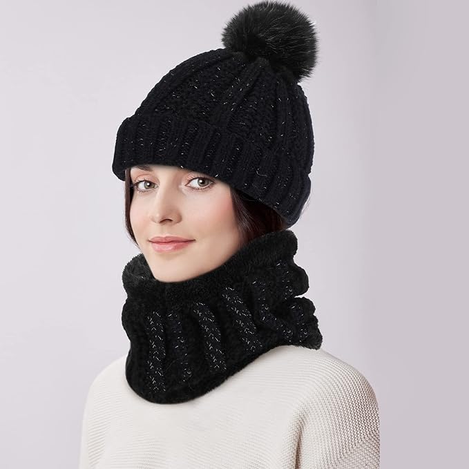 5 Pieces Women Winter Warm Set Knit Beanie Hat Scarf Touchscreen Gloves Earmuffs Stockings 5 in 1 Ski Outing Set for Gift