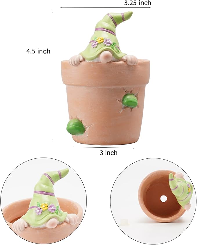 Newman House Studio Flower-Pot Spring-Gnomes Easter Decorations Cactus-Succulents - Unique Garden Pots Easter Decorative Green Planter with Drainage Hole for Home Farmhouse Decor 3 x 3.25 x 4.5 inch