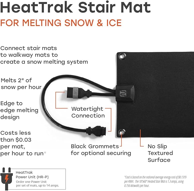 HeatTrak Heated Snow Melting Mats for Stairs - Heated Outdoor Mats - Electric Snow Melting Mats for Winter Snow Removal - Trusted Snow and Ice Melting Mats and No-Slip Stair Heating Mats (10" x 48")