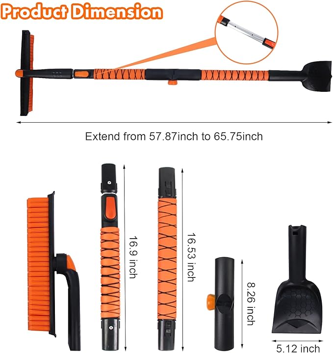 Eazy2hD 3 in 1 Bendable Silicone Snow Brush with Ice Scrapers, 65.75" Extendable Window Ice Removal with Squeegee for Windshield, 360° Pivoting Brush Head Cleaner Tool for Car, Truck, SUV