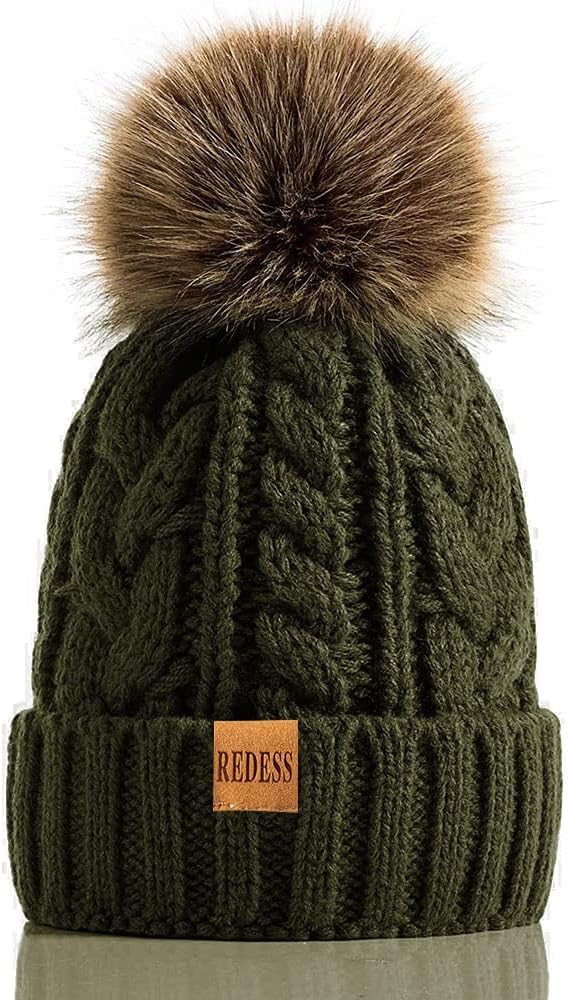 REDESS Women Winter Pompom Beanie Hat with Warm Fleece Lined, Thick Slouchy Snow Knit Skull Ski Cap