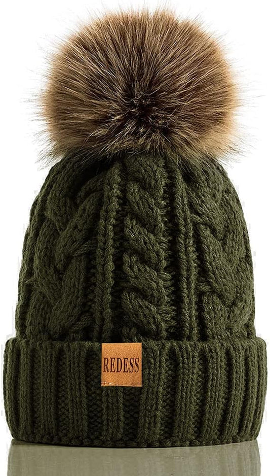REDESS Women Winter Pompom Beanie Hat with Warm Fleece Lined, Thick Slouchy Snow Knit Skull Ski Cap