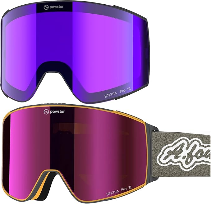 Powster Ski Goggles Snow OTG Snowboard Goggles Magnetic Interchangeable Lens Frameless UV Protection Anti-fog mobile Skating