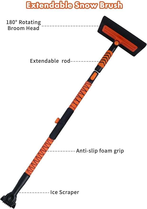 E-SDS 60” Snow Broom Ice Scraper Bendable Snow Remover for Cars with 12.2” Foam Head, Extendable Snow Brush for Car, Truck and SUV (Orange and Black)