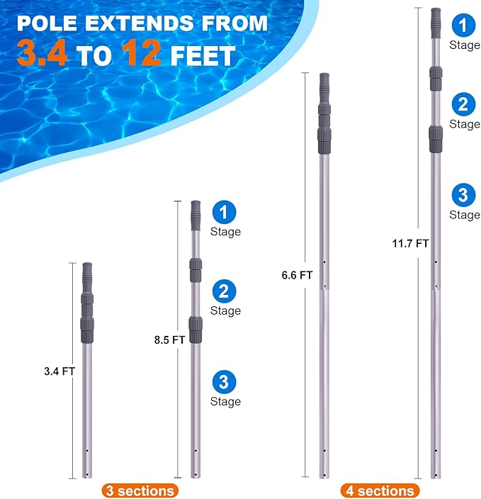Sepetrel Pool Pole - Professional 12 Foot Telescoping Swimming Pool Cleaning Poles,Adjustable Telescopic Pole,for Skimmer Net,Brush,Vacuum Head