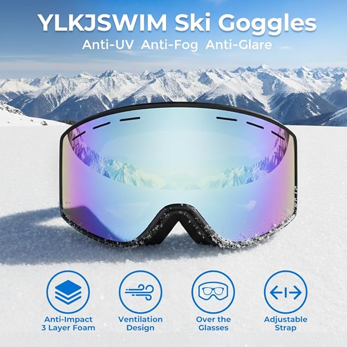 Ski Goggles for Men Women, OTG Snow Goggles, UV Protection Snowboard Goggles for Adult & Youth, Snowmobile, Sledding